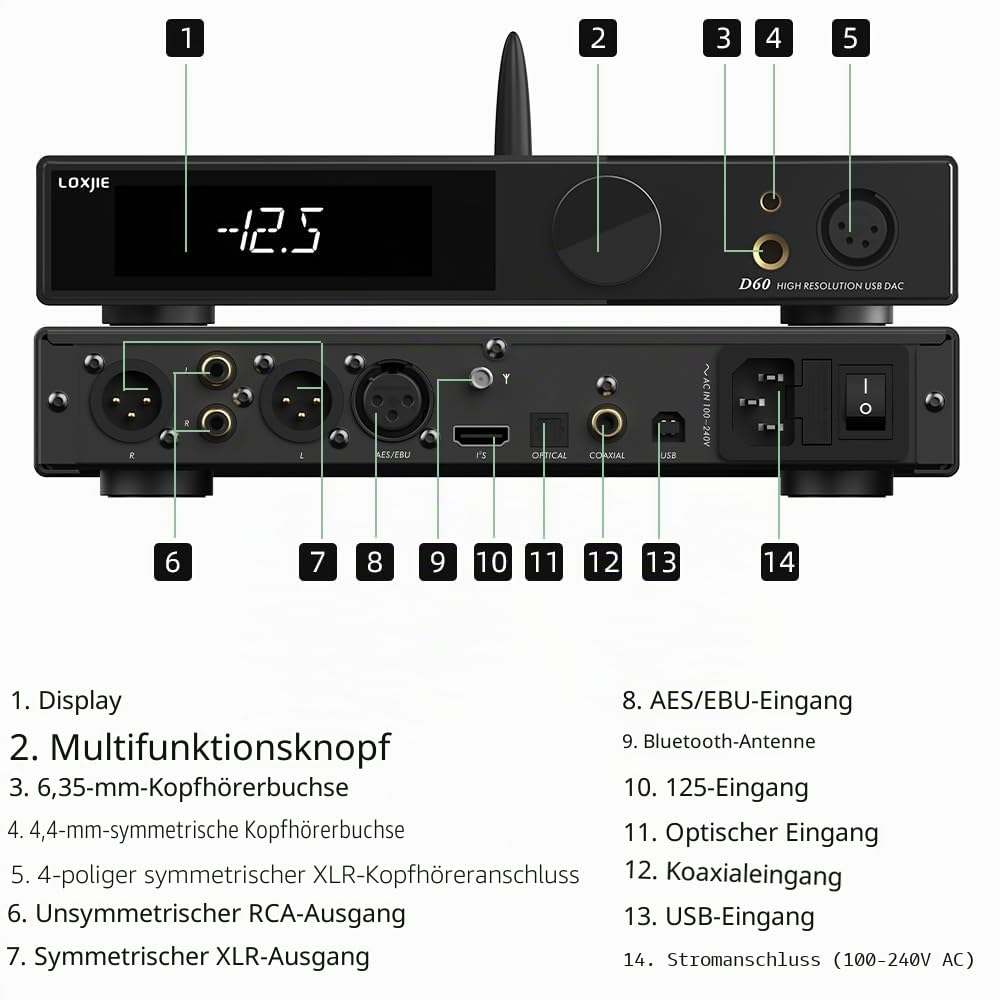 LOXJIE D60 HiFi Kopfhörerverstärker Decoder 6,35 mm/4,4 mm Kopfhörer Jack 300Ω 700mW x 2 Bluetooth 5.1, I² S Getriebe 7 Filter ES9039MSPRO Chip mit Fernbedienung (schwarz) (Silver)