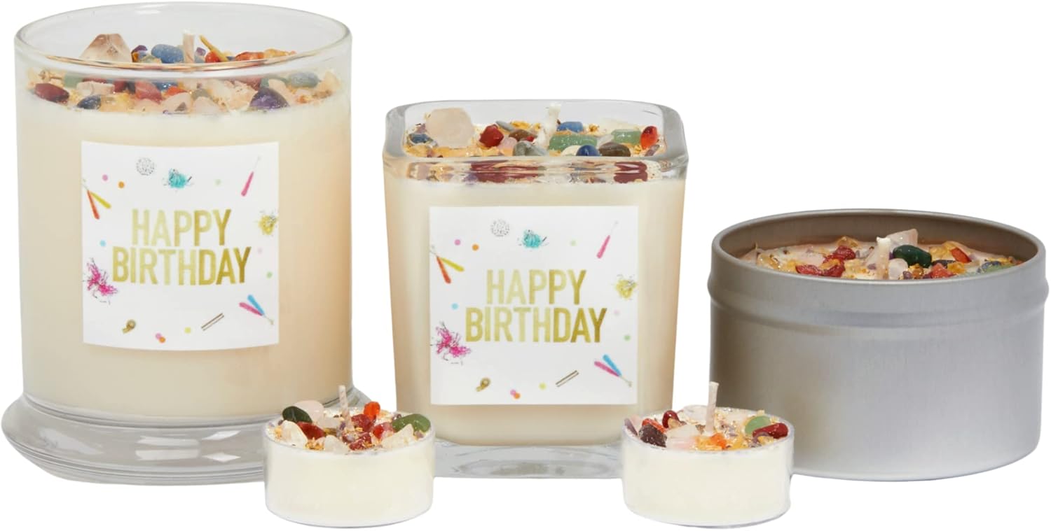Happy Birthday Candle by New Moon Beginnings - Intention & Manifestation - Birthday Wish Candle - Crystal & Herb Candles - Aromatherapy Candles - Soy Candle, 12 Ounce Round Glass