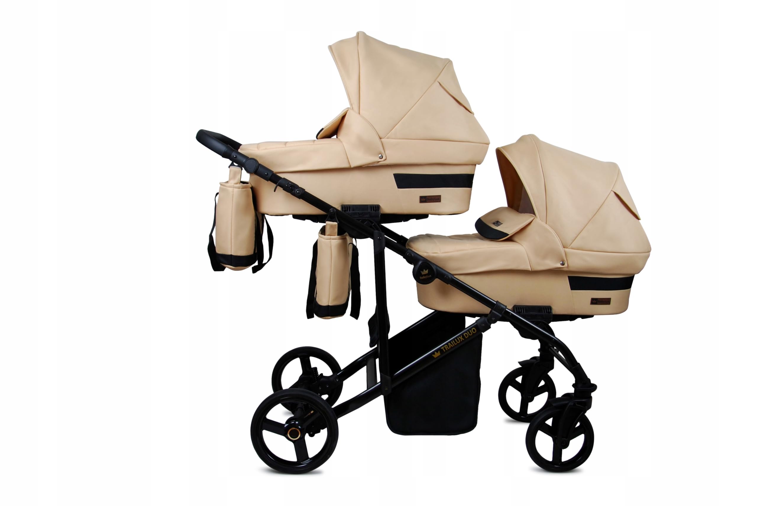 BabyLux® Bambini Passeggino per gemelli Completo Set 3 in 1 - Duo | Beige - incl. Navicella, Canna, Seggiolino Auto - Carrozzina Neonati Sistema Combinato - con Borsa fasciatoio, Copertura antipioggia