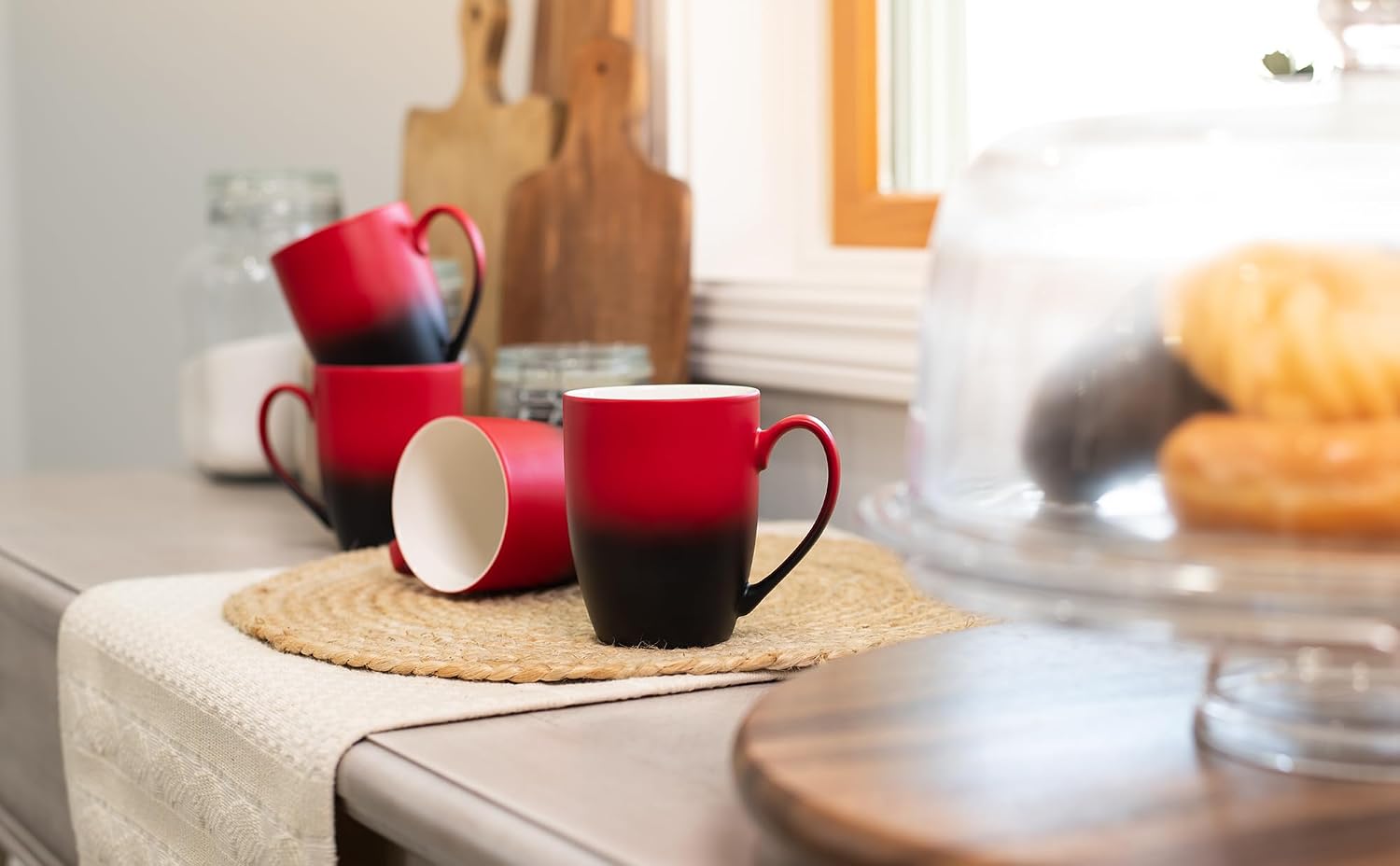 Elanze Designs Red Black Two Toned Ombre Matte 12 ounce Ceramic Stoneware Coffee Cup Mugs Set of 4