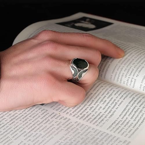 Miniatura 3 de 925 Sterling Silver Men Silver Ring with Emerald GemStone, Handmade Engraved Silver Ring, Gift for him, Minimalist Silver Ring (8)