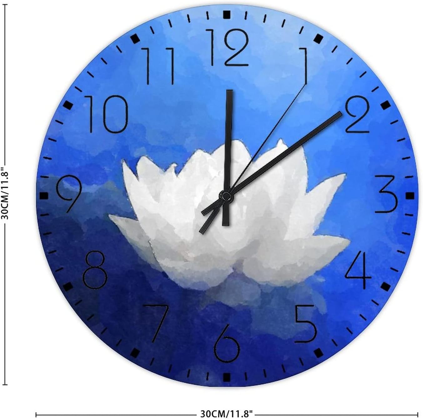Wood Hanging Wall Clock Battery Operated Non Ticking White Lotus' Flower Blue Vintage Wall Clocks Floral Blossom Painting Home Decoration for New Home School Exercise Room 12 Inch