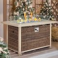 GYUTEI 44in Propane Fire Pit Table, 50,000 BTU Auto-Ignition Gas Fire Table with CSA Certification, 2 Hidden Side Hooks, 1 Glass Wind Guard, Aluminum Hand-Painted Table Top for Outside Patio (Brown)