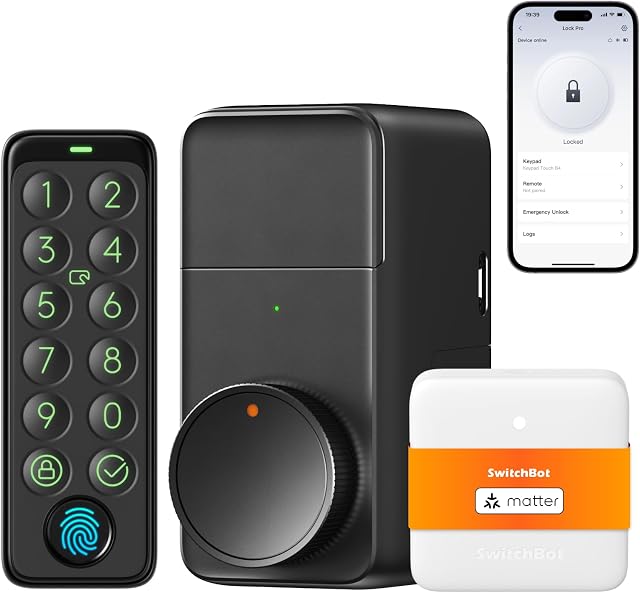 SwitchBot WiFi Smart Lock Pro with Keypad Touch, Fingerprint Keyless Entry Door Lock, Bluetooth Electronic Deadbolt, IP65 Weatherproof, Fits Your Existing Deadbolt, Supports Matter, Alexa and Google