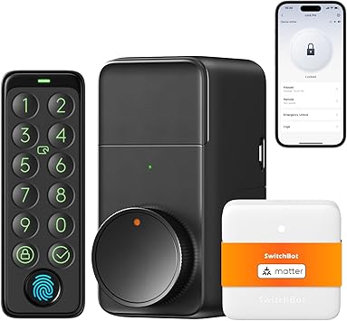 حزمة SwitchBot Smart Lock Pro: Lock+Keypad Touch+Hub Mini Matter، Fingerprint Deadbolt Retrofit، IP65، Matter HomeKit Siri iPhone/Apple Watch، Alexa/Google