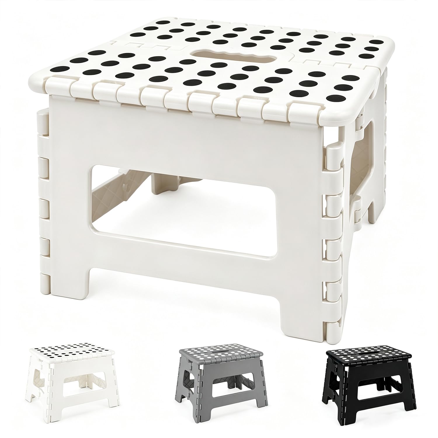 MASS DYNAMIC 9 Inch Folding Step Stool, Portable Plastic Footstool with Carry Handle, Non-Slip Top, Compact Collapsible Seat for Kitchen, Bathroom, Garden, Camping, White -Pack of 10