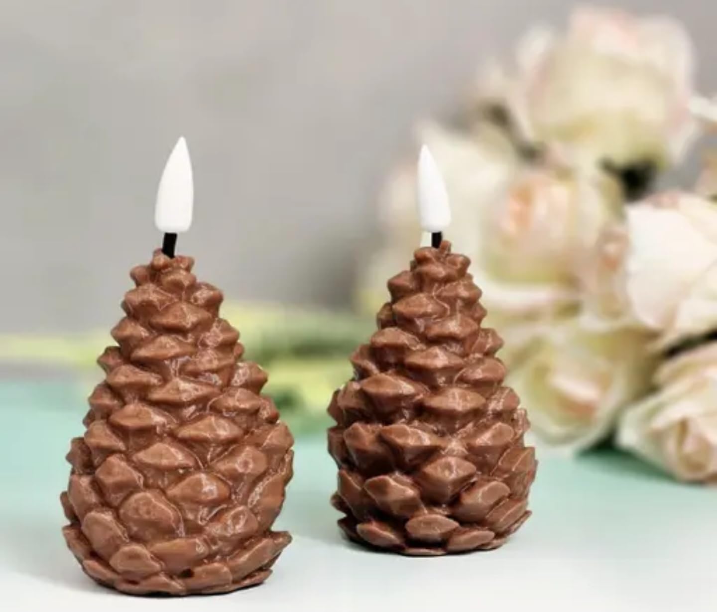 Decorative Pine Cone Candles, Bronze Metallic Finish, Natural Woodland Design, Set of 2, Winter Holiday Home Decor