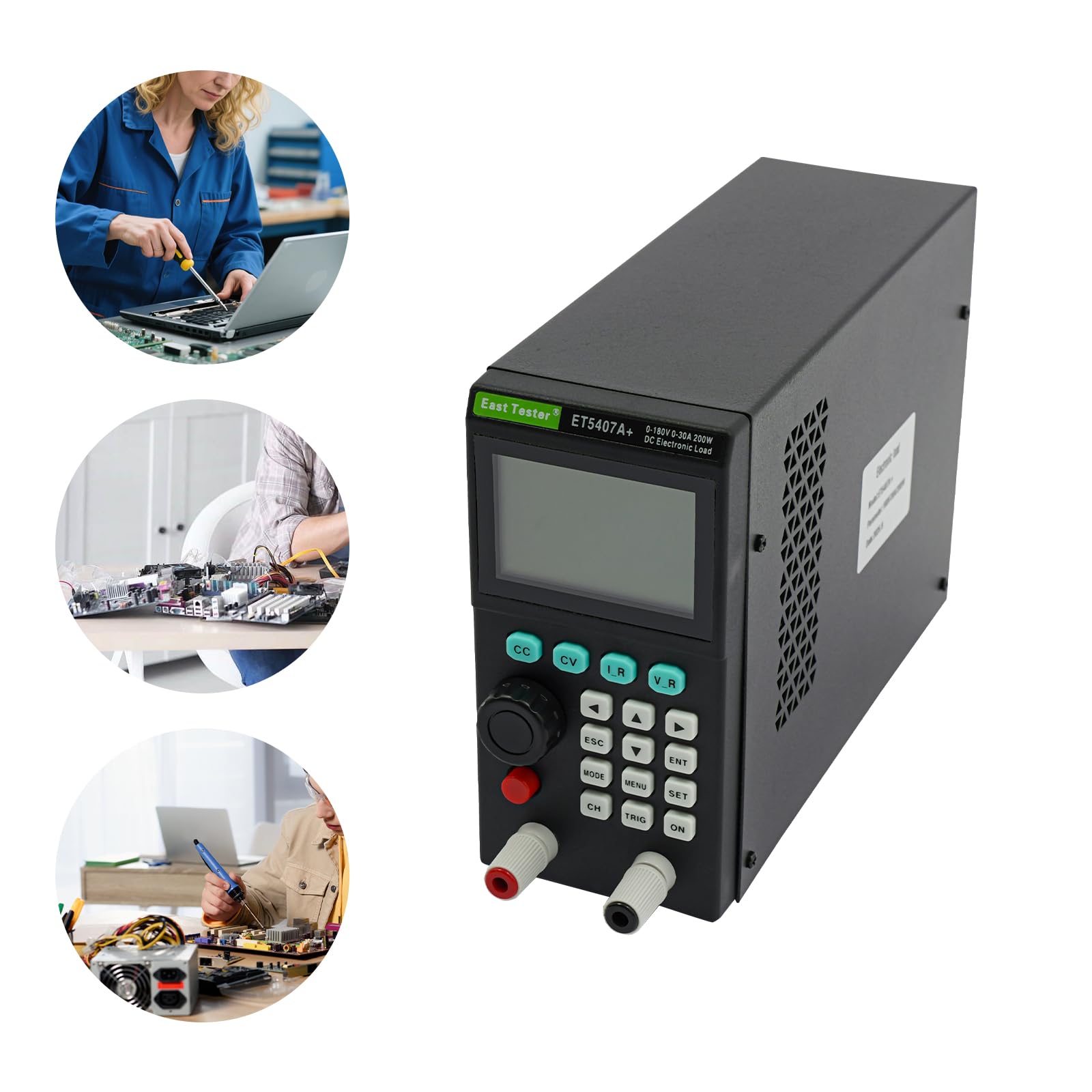 Comprobador de carga electrónico de 200 W con 4 modos de medición (CC/CV/CR/CP) y 5 modos de prueba, 0-180 V/0-30 A de alta precisión de la batería, probador de carga digital con pantalla LCD