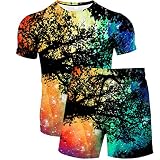 URVIP Herren Strandshorts T-Shirt 2-Teiliges Set 3D Landschaft Gedruckt Lustiges Kurzarm Sommer Beiläufige Herren T-Shirt Tops Tees Badeshort Sporthose Sportswear Multi-15 M