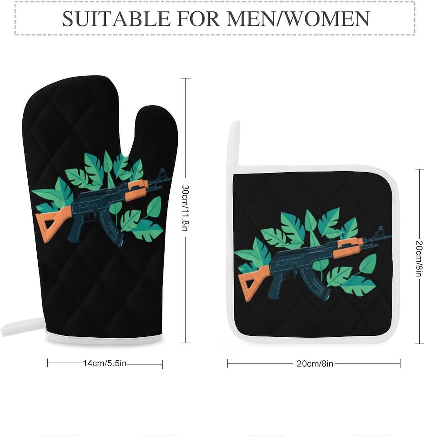 Gun AK47 Tropical Leaves 4 Pcs Oven Mitts and Pot Holders Set High Heat Resistant Long Kitchen Oven Glove Potholders