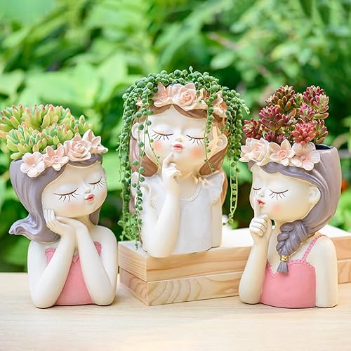 Miniatura 4 de Snowy sunday Macetas de cara de Fairy Girl, bonitas macetas para suculentas para plantas de interior y exterior, macetas de resina con orificio de