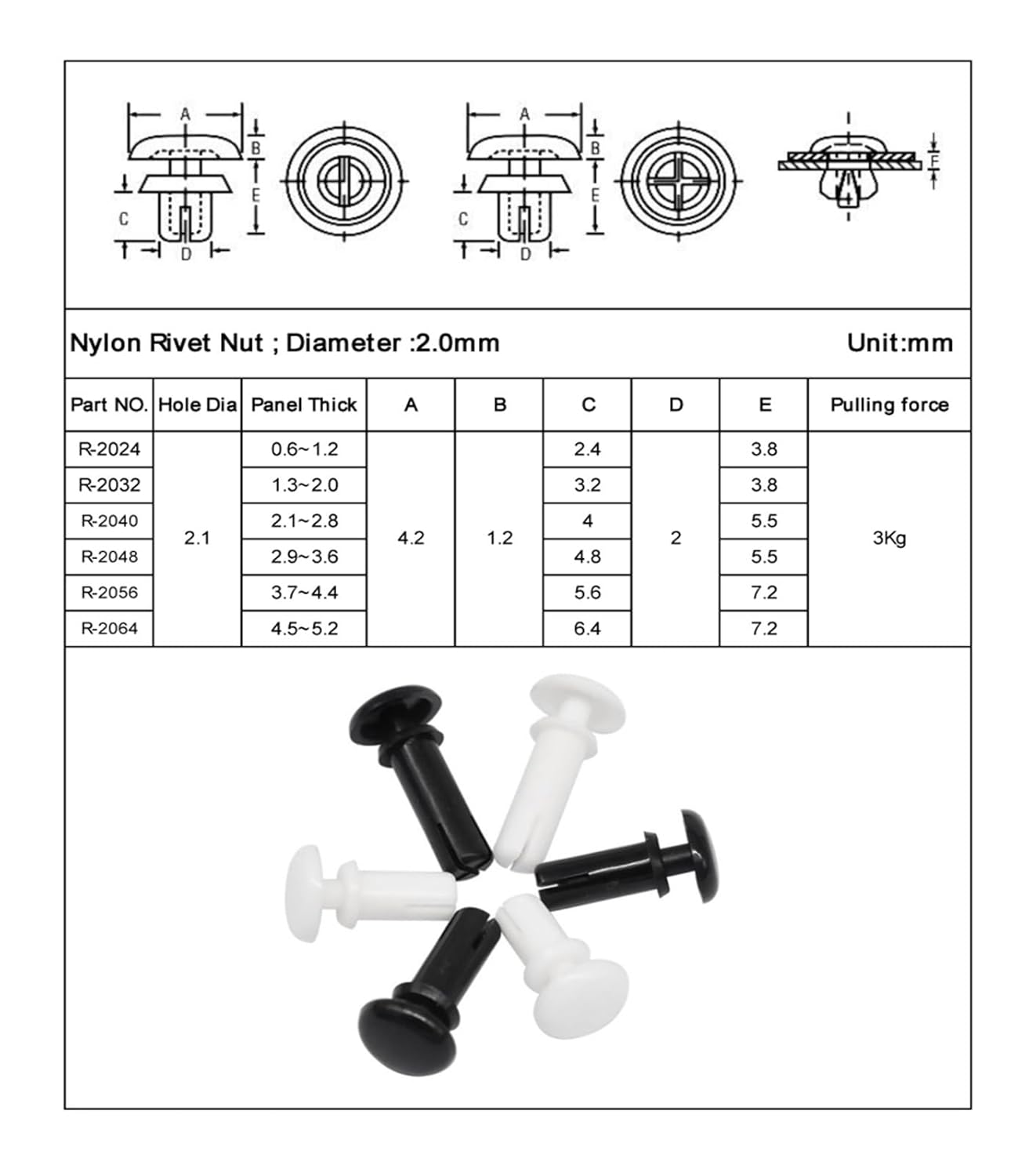 Nylon Fasteners, Nylon Plastic R Type Expansion Rivet Nut Buckle Clip Rivet Fastener 2.1/2.7/3.1/3.6/4.1/5.1/6.1mm