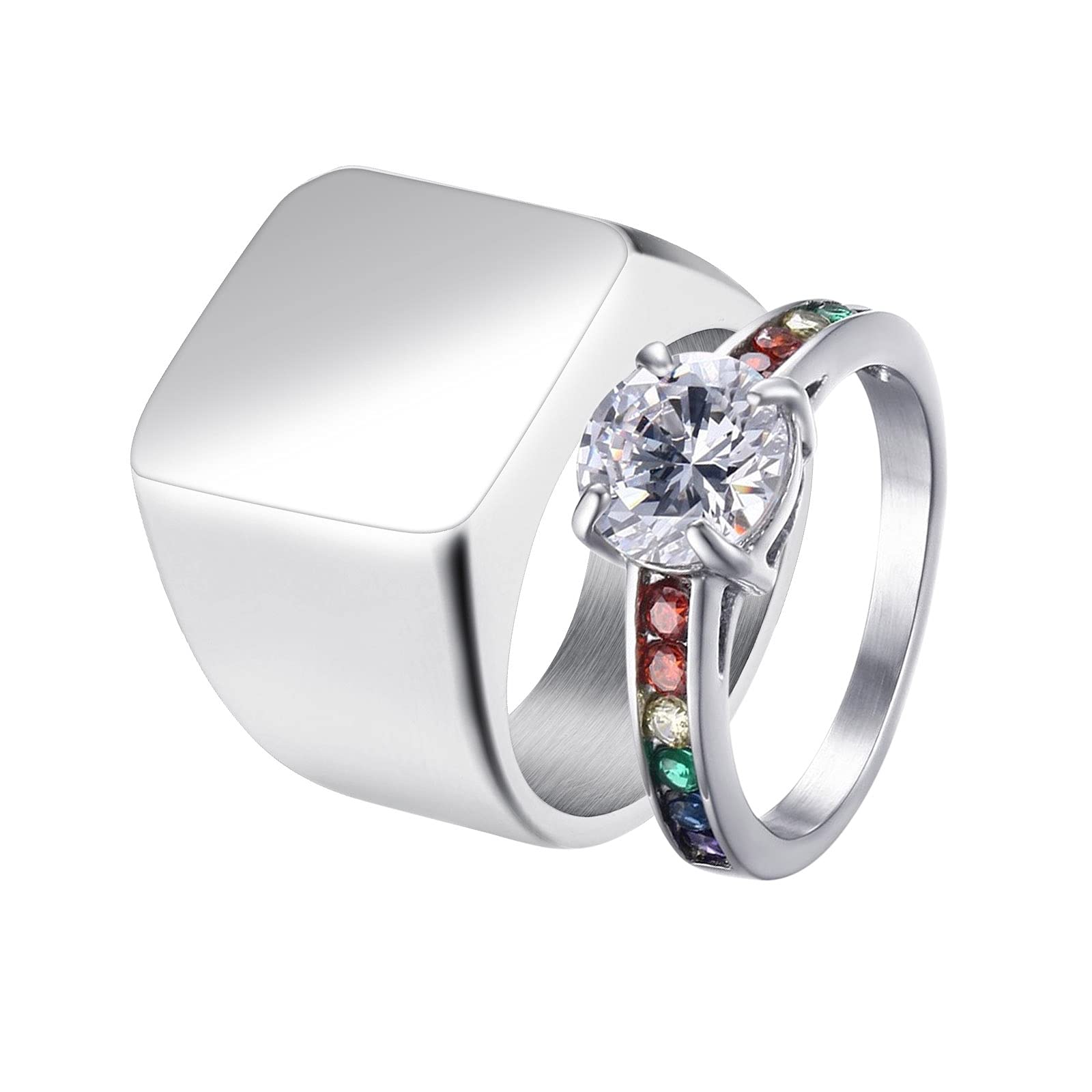 AmDxD Anillo de compromiso plateado, de acero inoxidable, anillo de compromiso para parejas, color de fantasía, circonia redonda y colorida, muy pulido, W51.5 & M54, Acero inoxidable, circonita