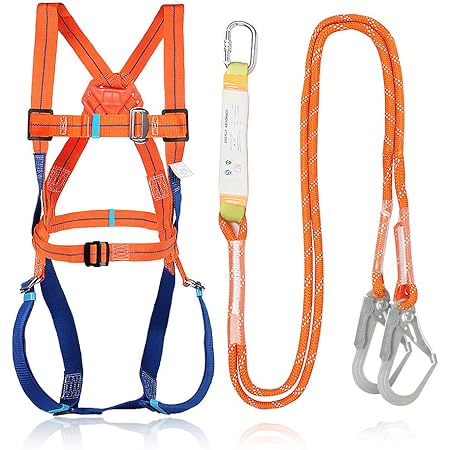 Amazon Co Jp Amityke フルハーネス安全帯 ２丁掛け軽量 ツインランヤード ショックアブソーバ付き 登山降下 建設工事 電力工事の外壁洗浄などの一般高所作業安全帯 安全落下全身保護キット 高所安全作業用ハーネス安全帯 産業 研究開発用品