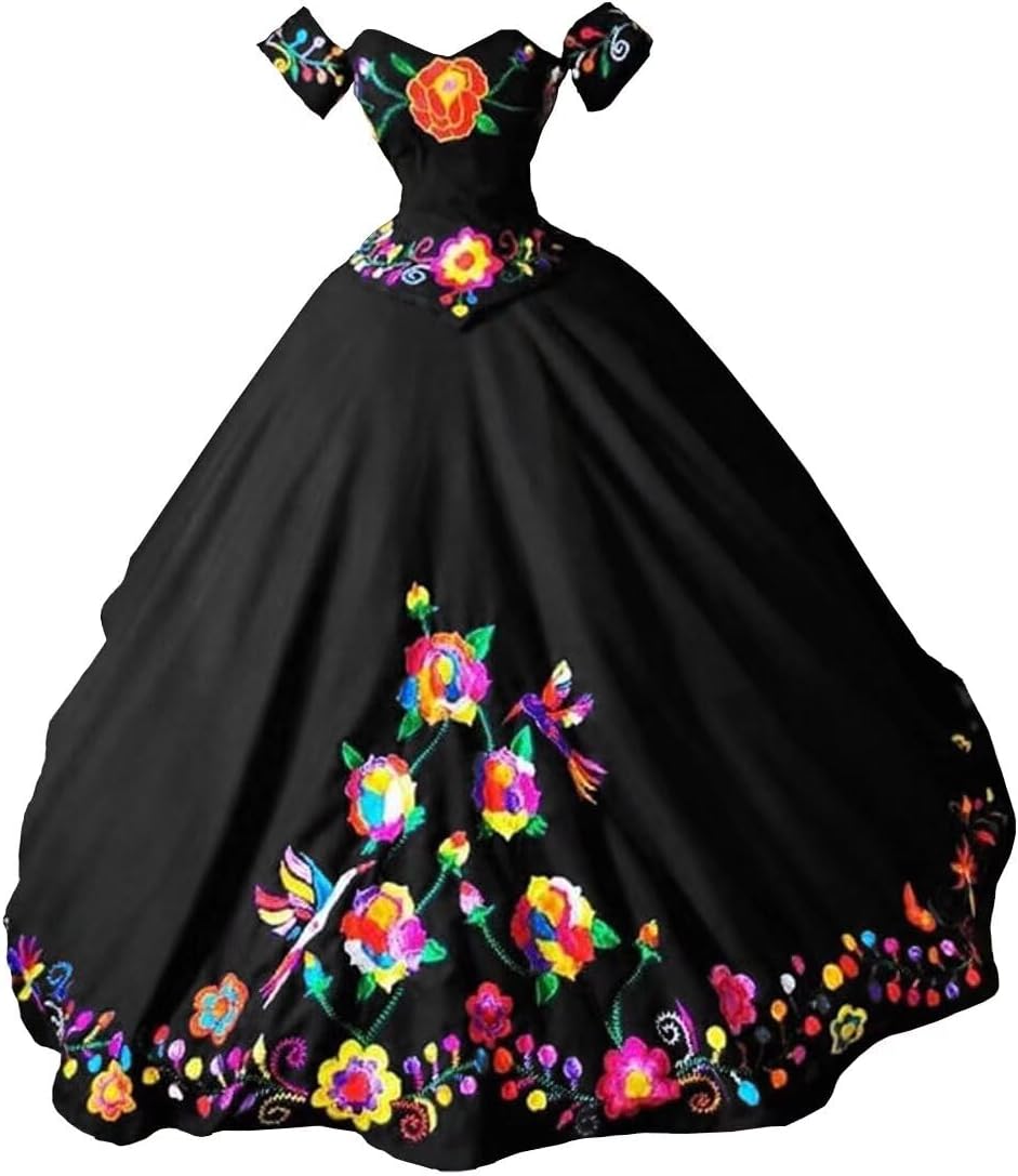 Charro Mexican Theme Embroidered Quinceanera Dresses with Sleeves Off The Shouder Ball Gowns Formal Dress