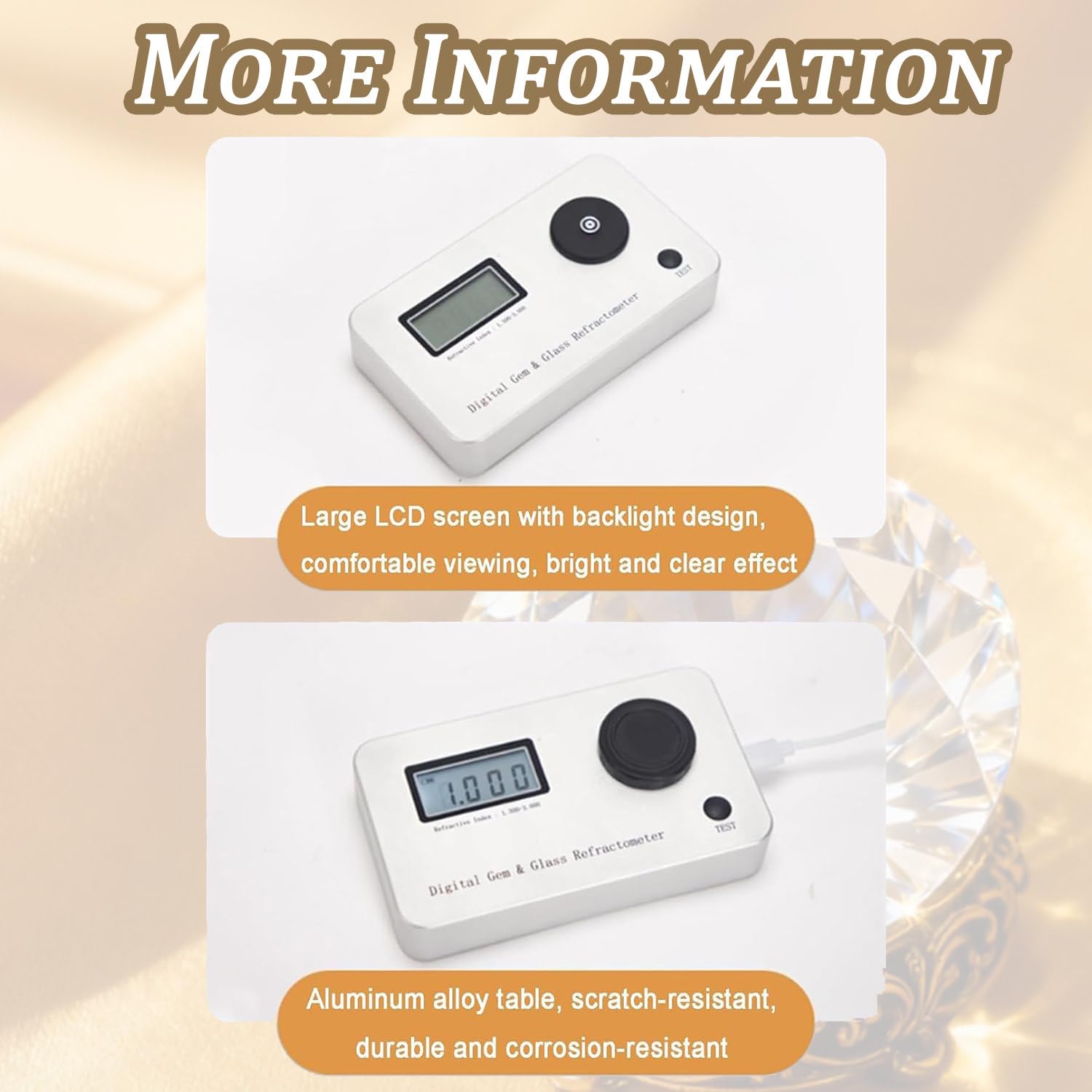 Refractómetro para Gemas, Detector de índice de refracción de Diamantes. Pantalla LCD retroiluminada de Gran tamaño, índice de refracción 1.300-3.000/error: ±0.005, para joyería y Jade