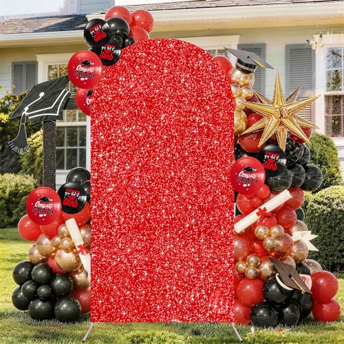 Image of Graduation Sequin Red Arch Cover 7.2Ft Arch Background Cover Party Arch Backdrop Cover for Summer Wedding Bridal Shower Birthday Banquet Decor
