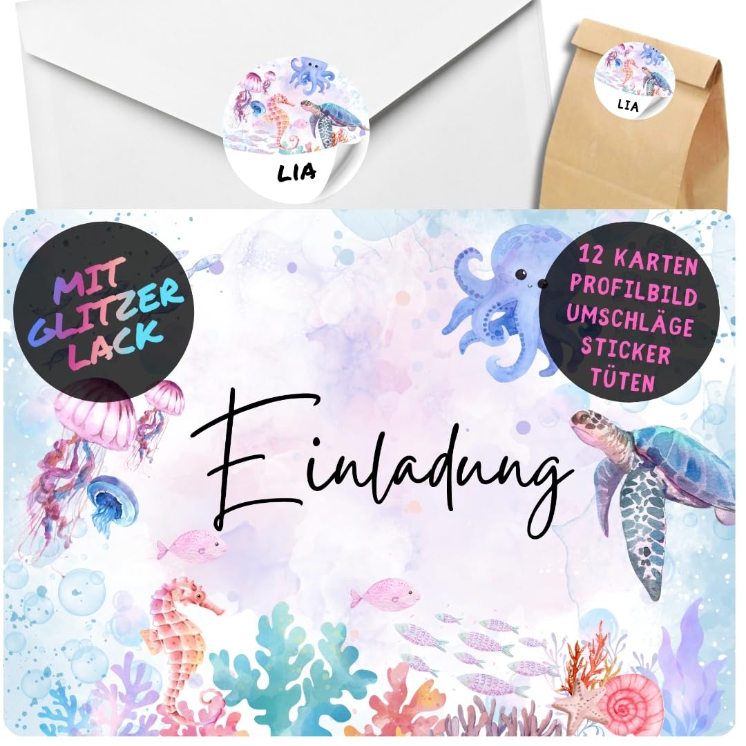 celebr8te 12x Meerestiere Glitzer Einladungskarten - Für den Kindergeburtstag von Mädchen - Partyeinladungen für Geburtstage +12 Umschläge +24 Sticker +12 Geschenktüten