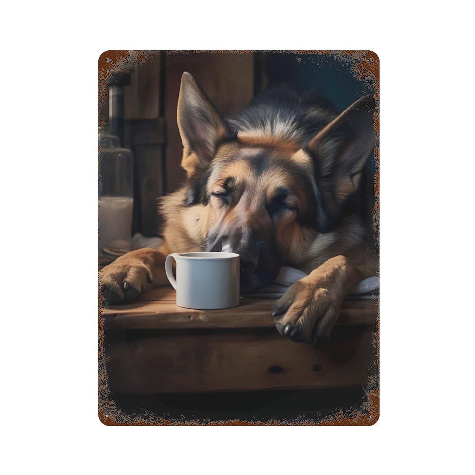 Distressed Metal Wall Sign German Shepherd Dog Coffee 15.7"x11.8", Decorative Metal Wall Art for Farmhouse, Kitchen And Entryway Decor