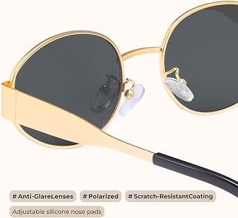 livho Retro Polarized Sunglasses - UV400 Protection, Oval Shape, Metal Frames - Matching Soft Case Inlcuded