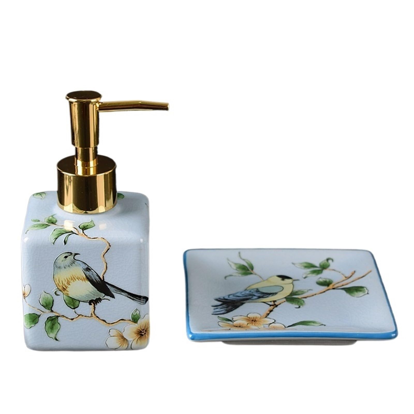 Dispenser di Sapone Set Creativo da Bagno in Ceramica Composto Due Pezzi, con Dispenser di Sapone Quadrato e portasapone(Blue)