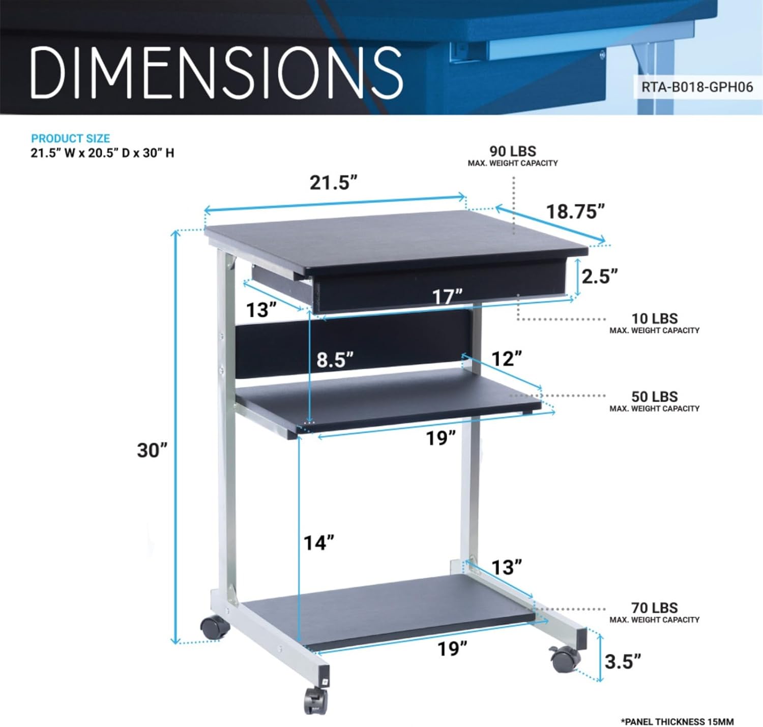 Rolling Computer Cart with Locking Casters, Storage Drawer & Two Shelves, Heavy-Duty Moisture-Resistant MDF Surface, Scratch-Resistant, Mobile Workstation for Home Office
