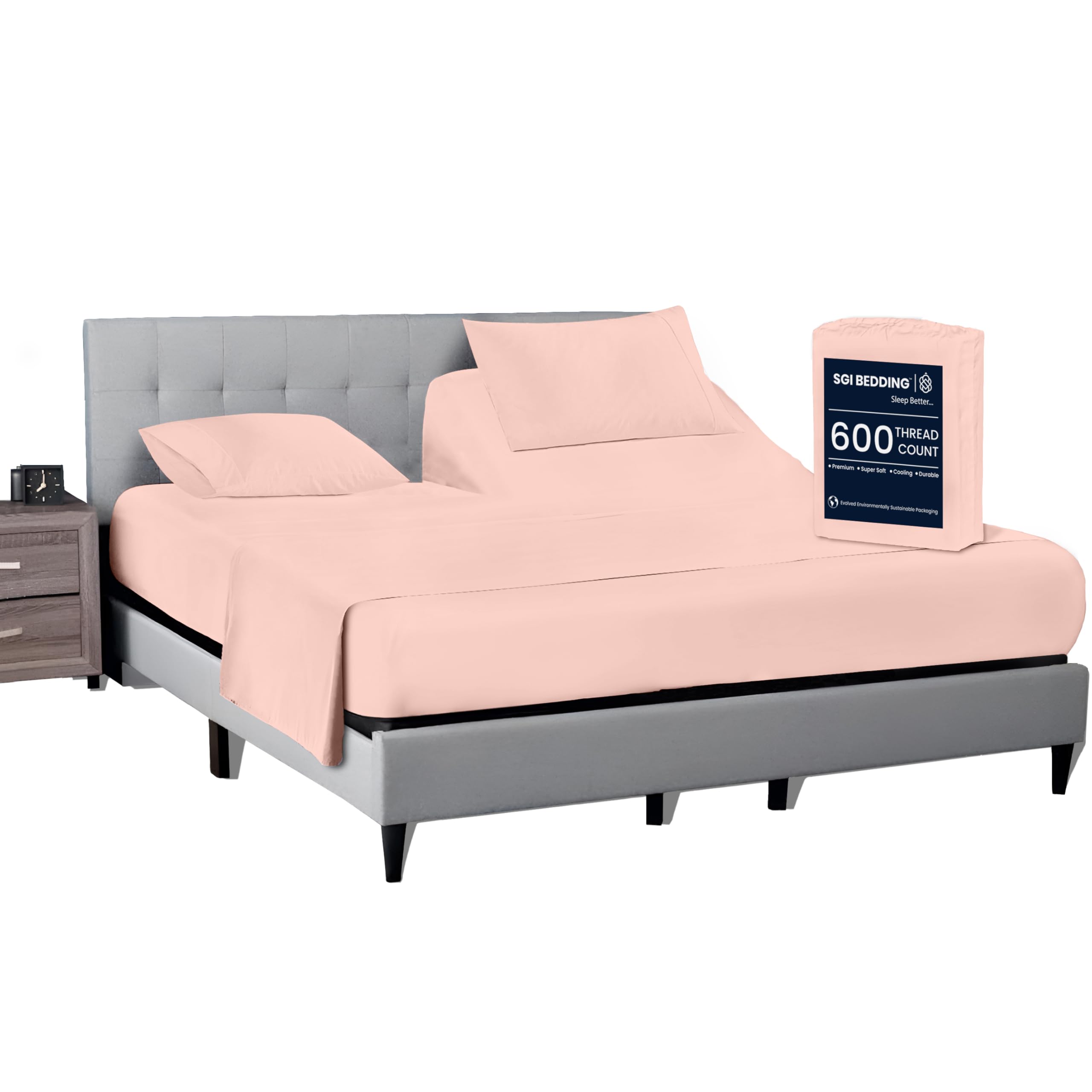 SGI bedding 32" Cal King Split Top Flex Head Sheet 100% Egyptian Cotton Sheet Set - 600 Thread Count Flex Top Sheet Adjustable Bed - 4 Piece Sheet Set