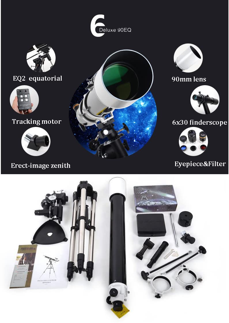 Astronomical Telescope Telescopio astronómico Profesional 90EQ con Montura ecuatorial EQ2, Motor de Seguimiento de Alta precisión, cultive Pasatiempos Infantiles y aprenda conocimientos astronómicos