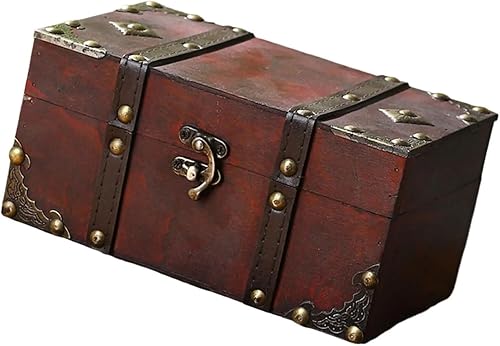 Miniatura 8 de Cofre de madera con cerradura de almacenamiento de color antiguo tronco para coleccionables y joyas caja de madera decorativa con tapa con bisagras