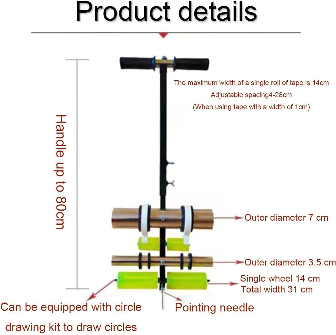 Tape Marking Machine Hand-PushManual Floor Tape Applicator, School Basketball Court Business District Tape Machine Marking Cordon for Line Marking/Spray Painting,with Drawing Circle Kit for(