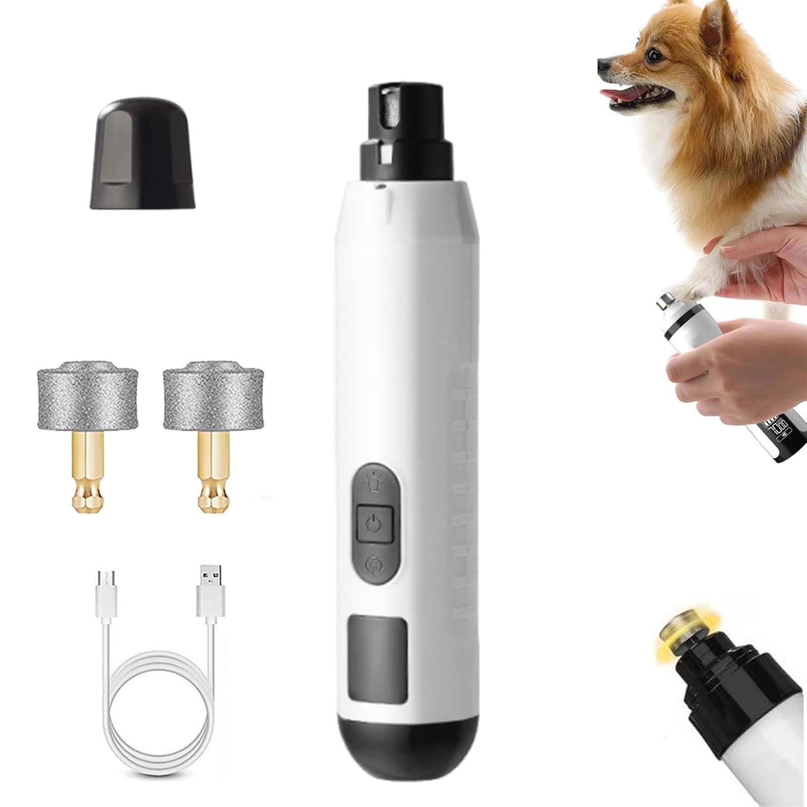 Silent Groom Pro Nail Grinder, 2025 New Nail Grinder for Dogs and Cats with LED Light & 3 Speeds, 2000mAh USB Rechargeable Dog Nail Trimmer for Thick Nails (1pc+2 Heads)