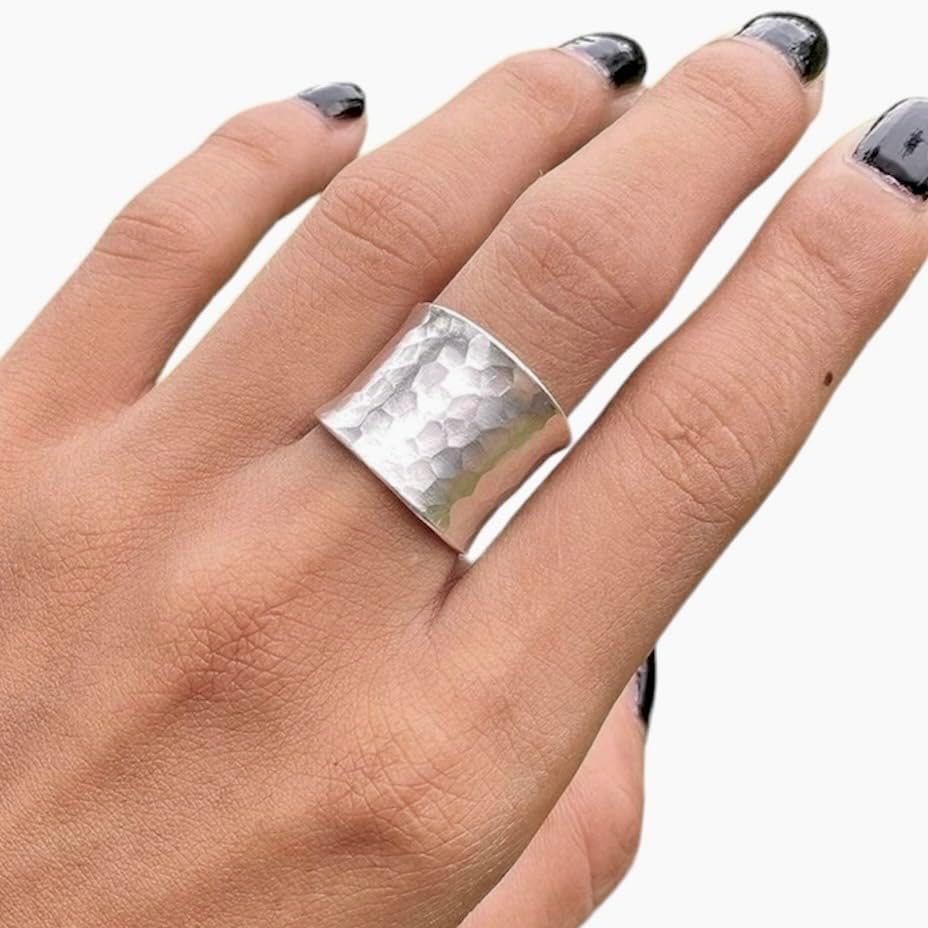 Hammered Silver Wide Band Ring, adjustable 6-12