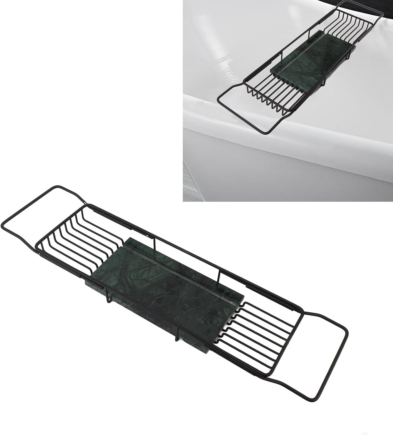 Metal Marble Bathtub Rack, Expandable Anti Slip Bathtub Tray, Multi Functional Space Saving for Bathroom, Hotel, and Home Use (Black Green)