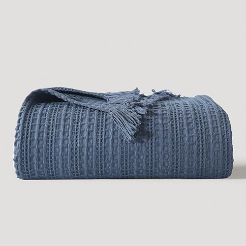 Miniatura 2 de Manta Queen de 100 % algodón con flecos, 90 x 90 pulgadas, manta de tejido de gofre prelavada para todas las estaciones, ligera, transpirable, suave