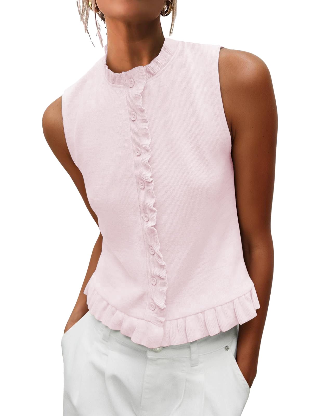 Womens Button Down Sweater Vests Sleeveless Ruffle Mock Neck Ribbed Tanks Summer Boho Vacation Tops