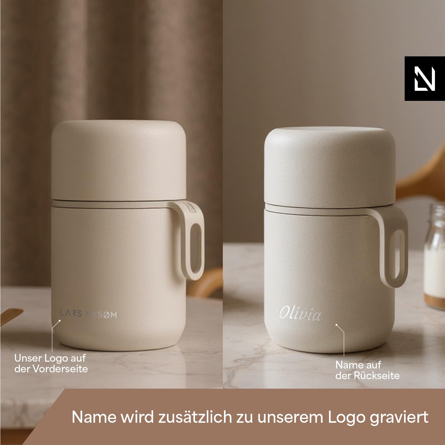 LARS NYSØM Personalisierter Thermobehälter für Essen aus Edelstahl mit Isolierbehälter & Vakuum Speisebehälter mit Gravur - als Geschenk-Idee mit Namen für Männer und Frauen (Sage Green, 700ml)