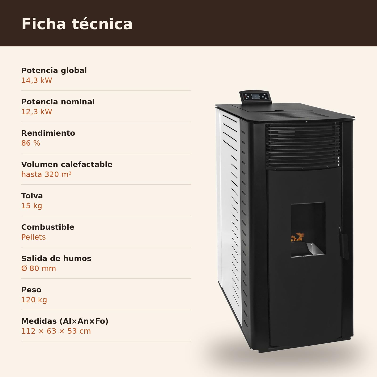 EIDER BIOMASA Estufa Pellets Canalizada GYDA – 14,95 kW – La Mayor Potencia – Hasta 340 m³ – Multiestancia – Tolva 15 kg – Programable – Clase A+