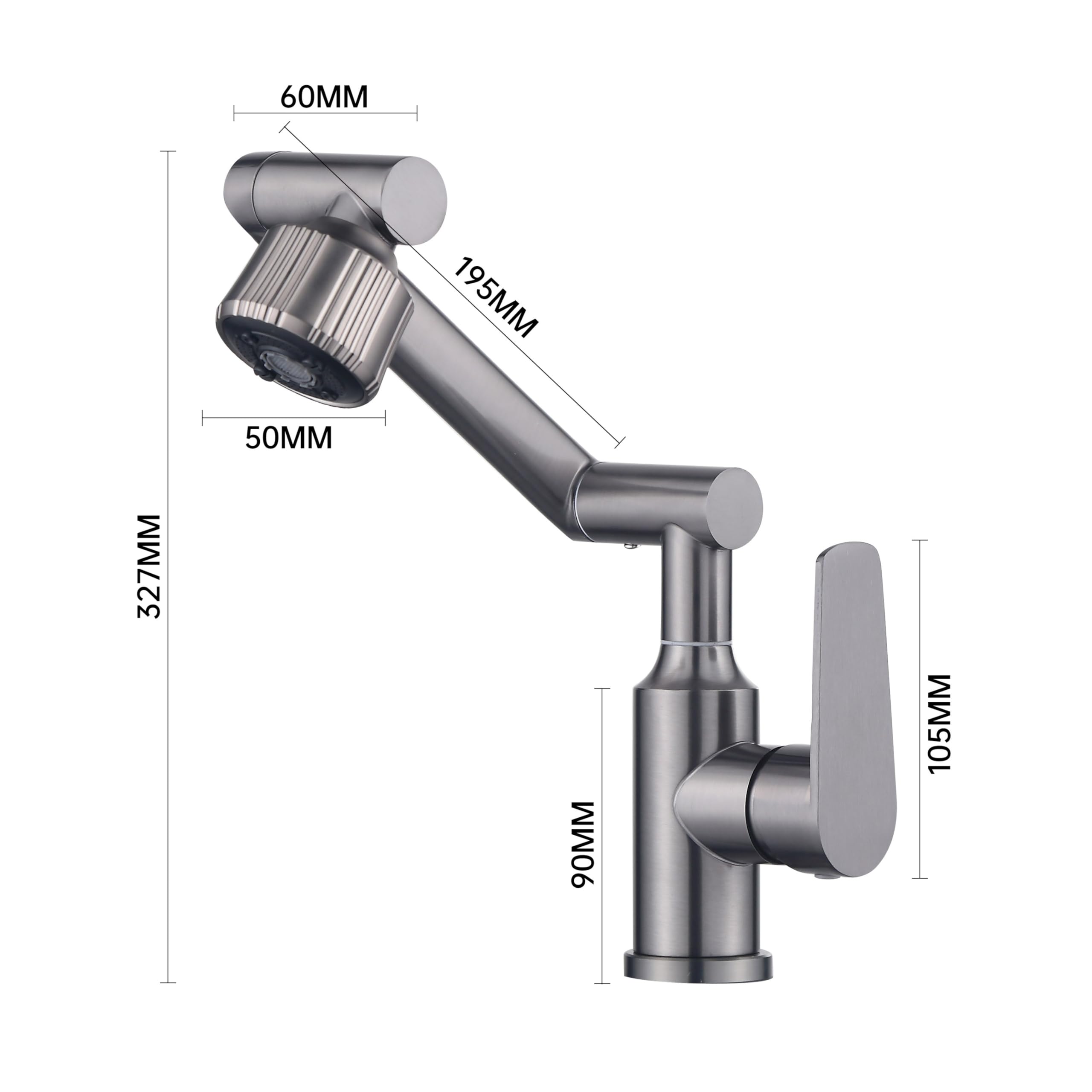 027 Rubinetto girevole per lavabo, monocomando, placcatura in acqua spazzolata, acciaio inossidabile, tonalità grigio, lunghezza tubo di ingresso/uscita 70 cm