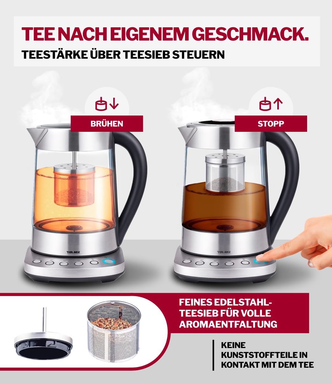 TURMIX 2in1 Teekocher elektrisch mit Wasserkocher Glas 2200W 1,5L Silber, Temperatureinstellung 70–100°C, Mit Manuell Absenkbar und Anhebbar Teesieb, 1 stunde Warmhaltefunktion
