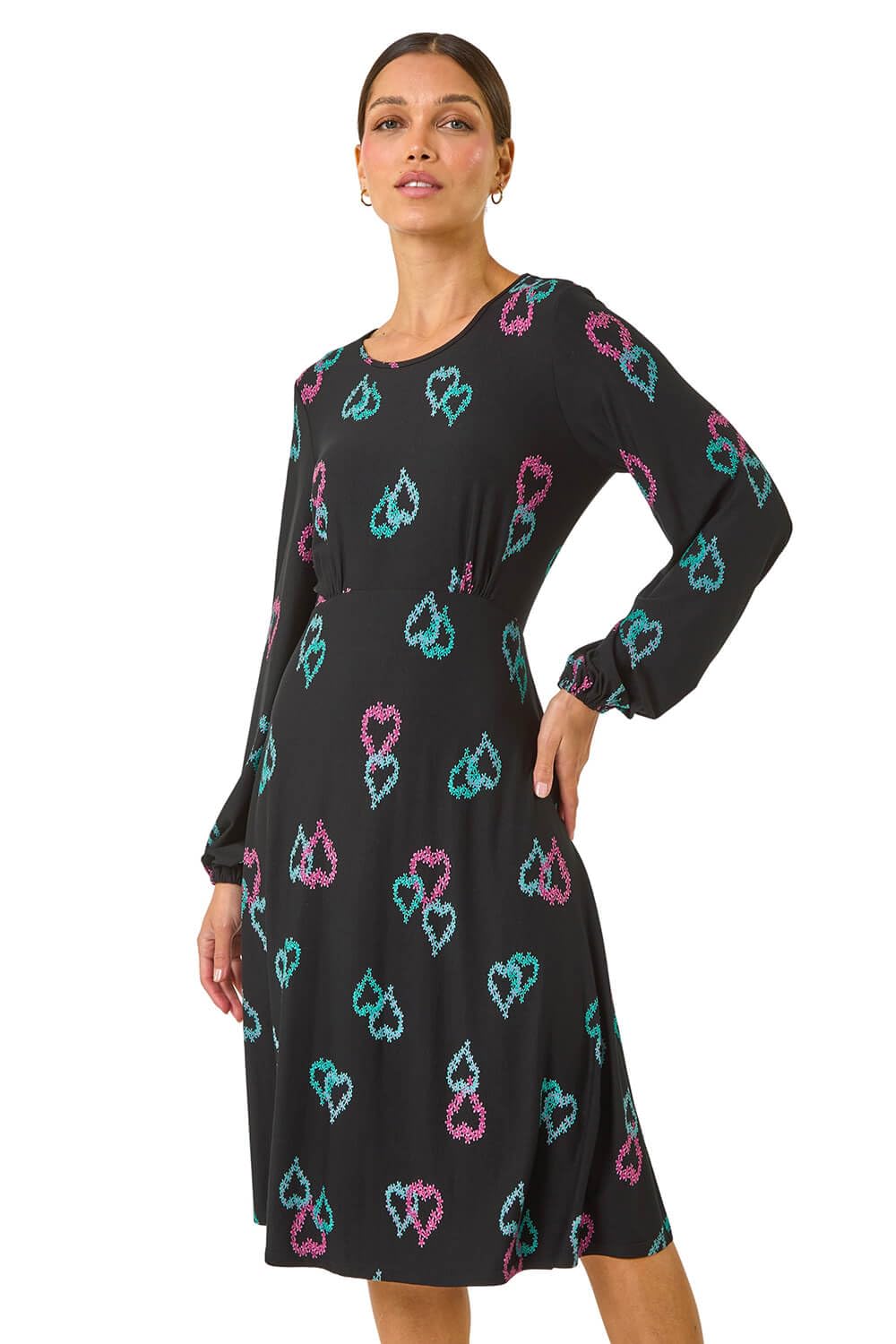 Roman Originals Women's Black Pink Teal Roman Gathered Chest Dress Stretchy Fit & Flare Swing Tea A Line Skater Knee Length Long Sleeve Midi Smart Casual Work Going Out Cocktail Party - Size 12