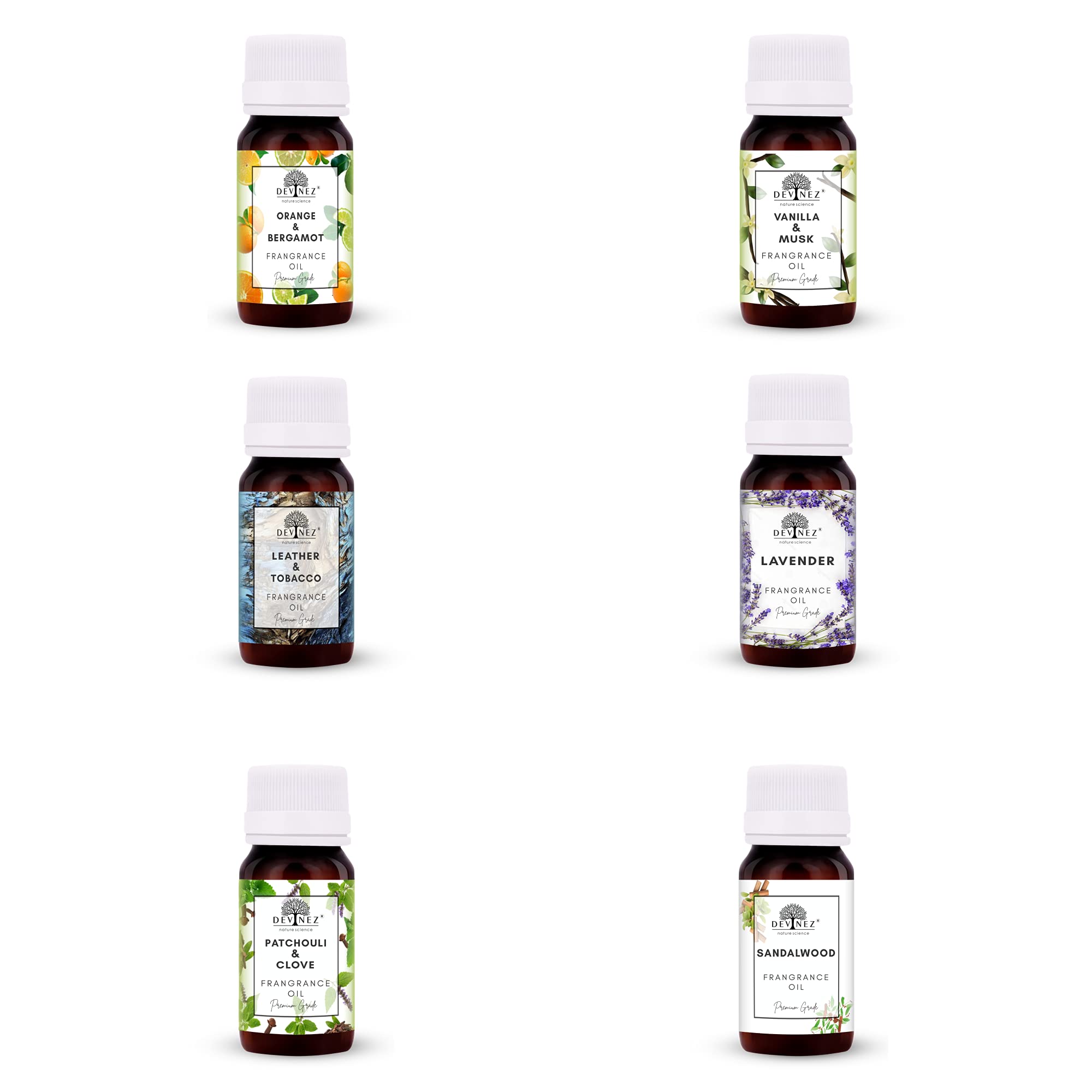 Devinez MultiPurPose Fragrance Oils Combo Pack (Pack of 6) 20ml Each - Orange and Bergamot, Leather and Tobacco, Patchouli and Clove, Sandalwood, Lavender Beauty Products, Reed Diffuser (B097F33DQL) Amazon Price History, Amazon Price Tracker