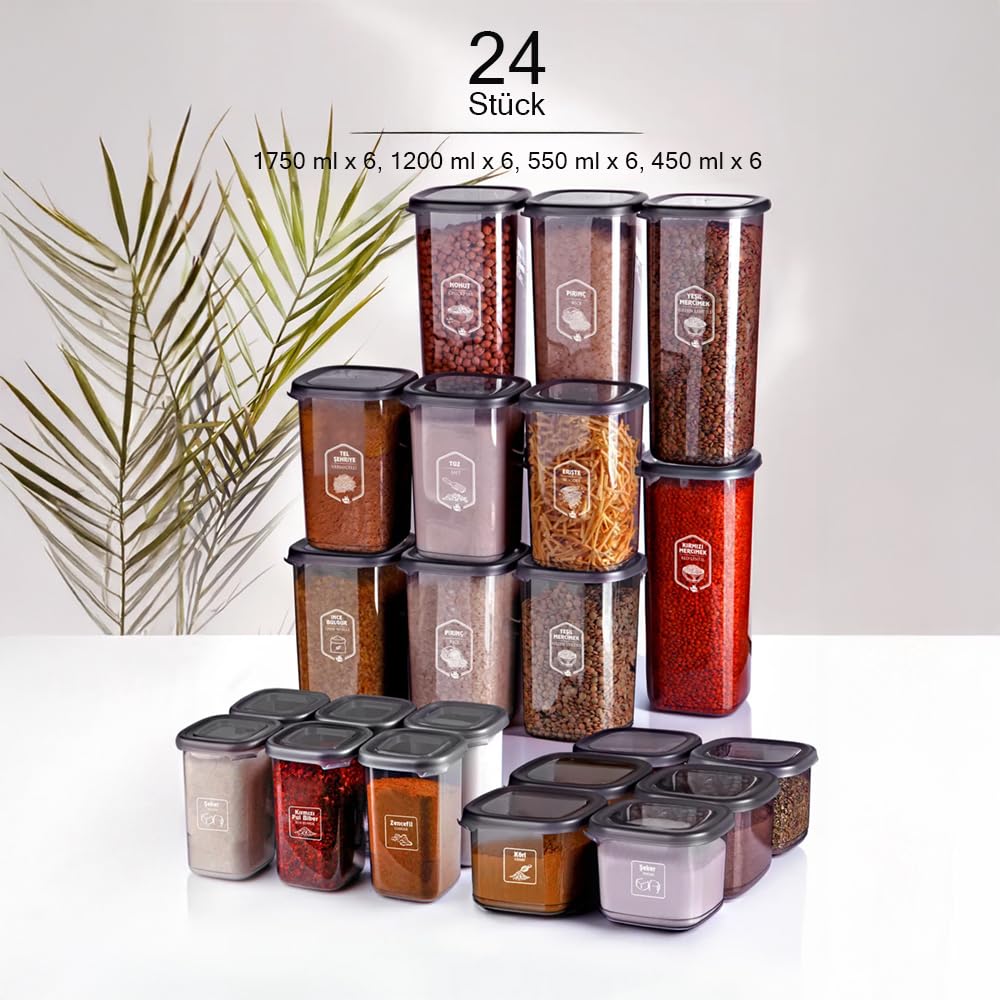 24-teiliges Vorratsdosen Set – Quadratisch & transparent – 4 Größen (1750/1200/550/450 ml) – Mit Etiketten – BPA-frei, stapelbar, mikrowellen- & gefriergeeignet