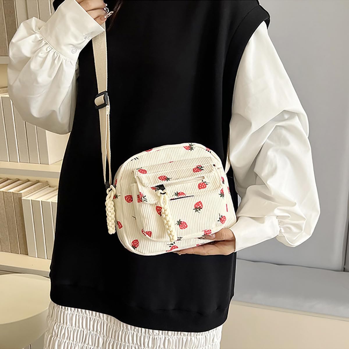 Cute Strawberry Purse for Women Strawberry Bag Corduroy Tote Bag for Women Messenger Bag Cute Crossbody Bags Handbags - Image 2