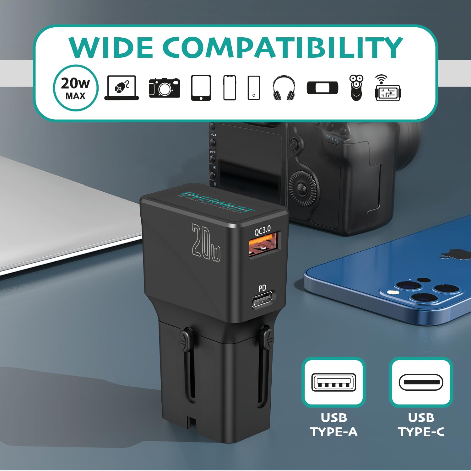 Travell Wall Charger - uniwersalny adapter podróżny z gniazdem USB-C i USB-A, idealny adapter podróżny, kompatybilny z gniazdami w 200 krajach USA, UE, UK, AU, moc do 20W