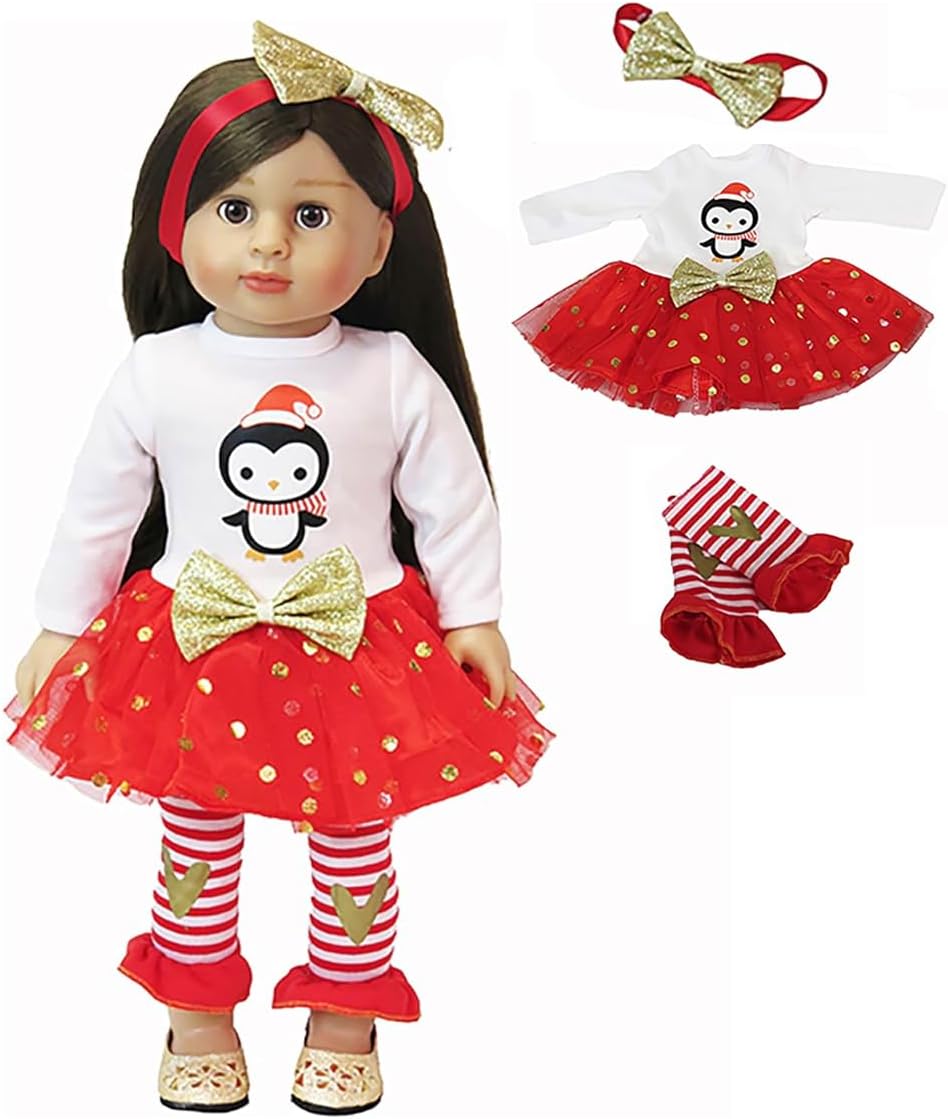 Red & Gold Penguin Long Sleeved Dress Outfit with Bow Headband for 18-Inch Dolls | Premium Quality & Trendy Design | Dolls Clothes