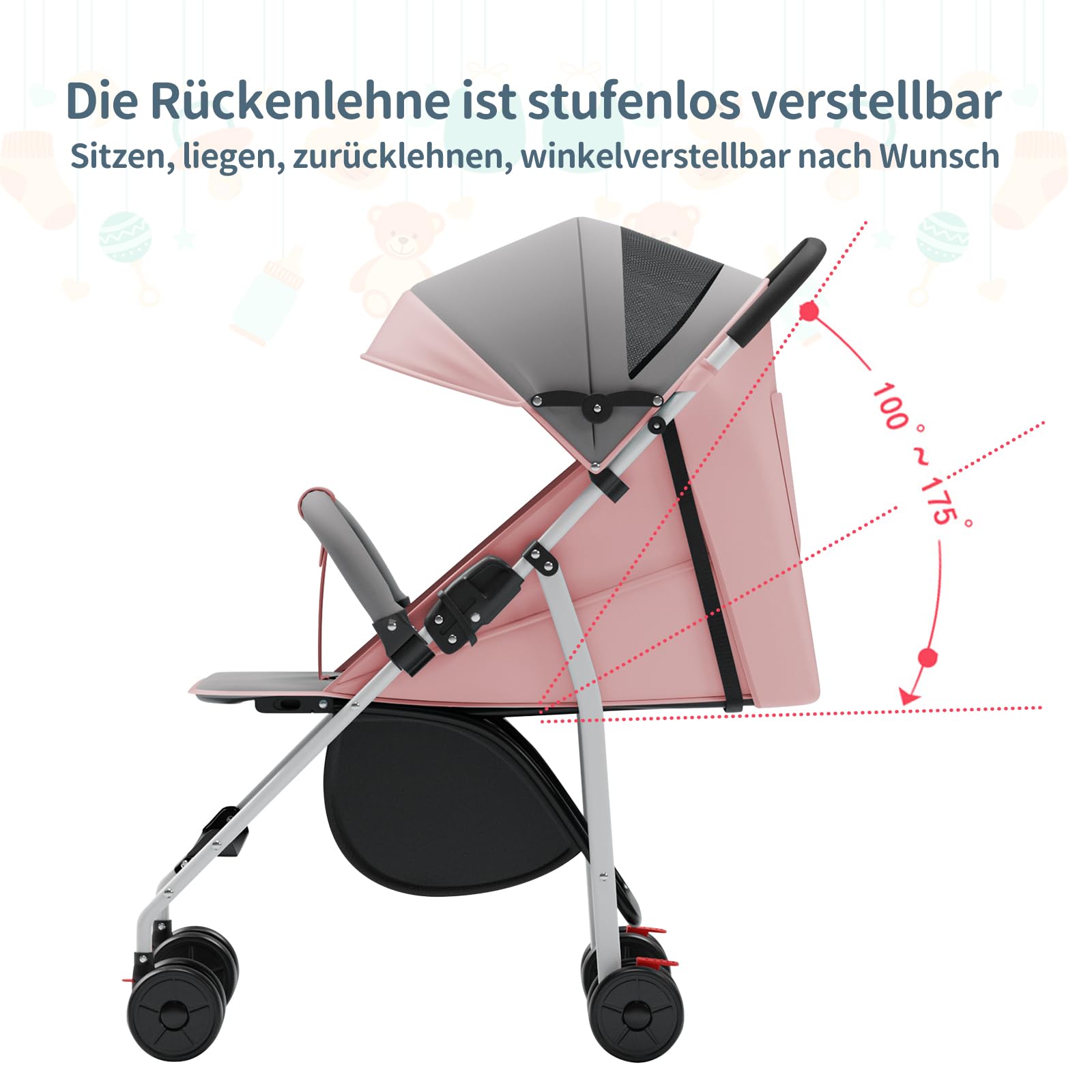 OHMG Passeggino Canne,25 kg,0-4 anni,Passeggino compatto per bambini pieghevole,Regolazione dello schienale fino alla posizione sdraiata, con cestello arancio,Sistema di piegatura