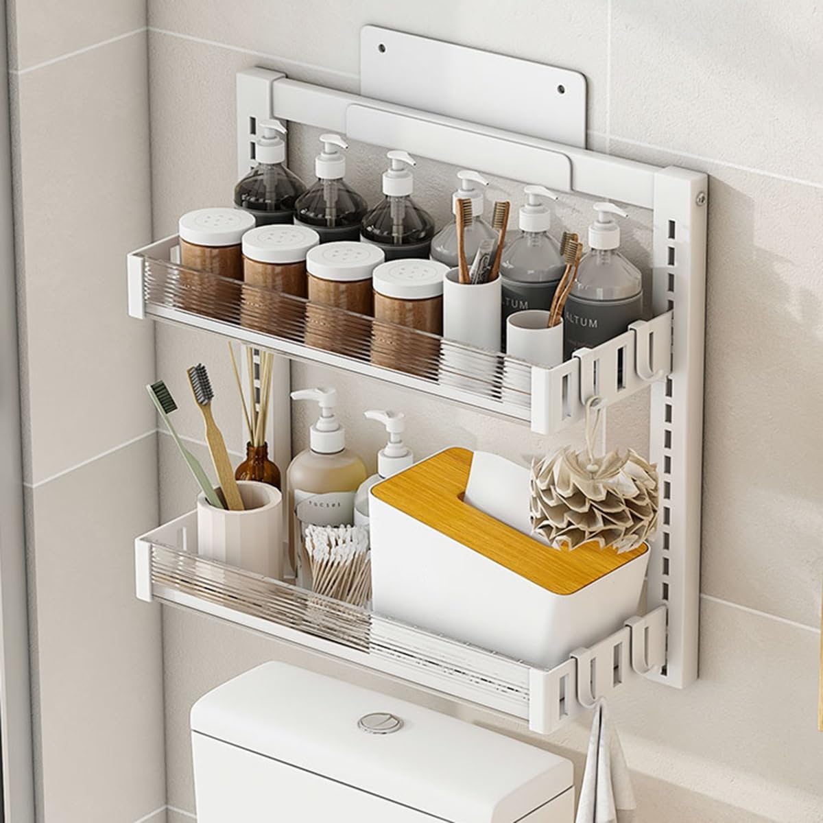 Over The Toilet Storage White Metal Bathroom Organizer Over Toilet with Hooks, Above Toilet Storage Wall Mounted, No Drilling Toilet Organizer for Small Space (Color : /White, Size : 4-Tier) (/White
