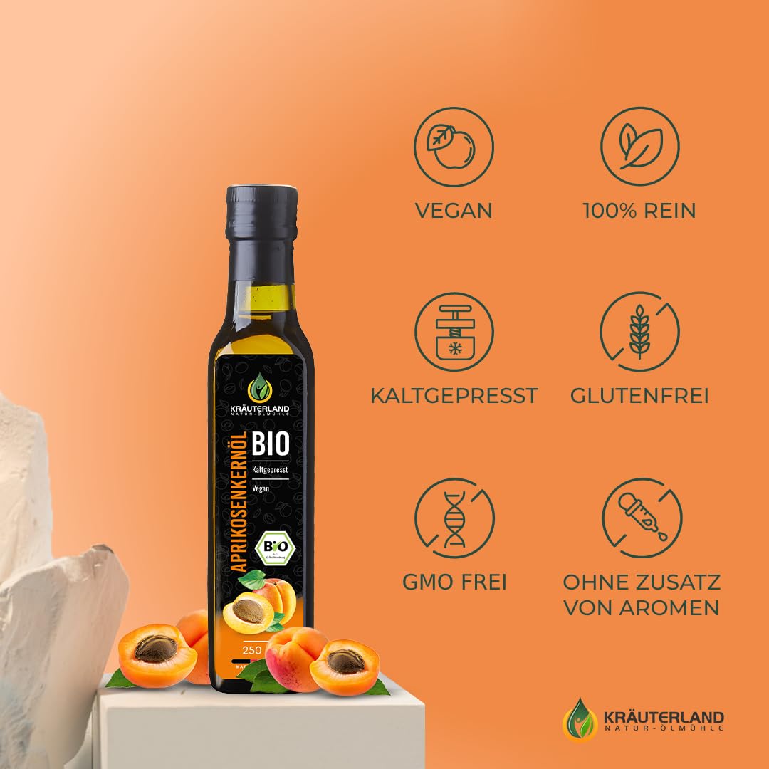 Kräuterland Bio Aprikosenkernöl 4x250ml (1Liter) kaltgepresstes Speiseöl