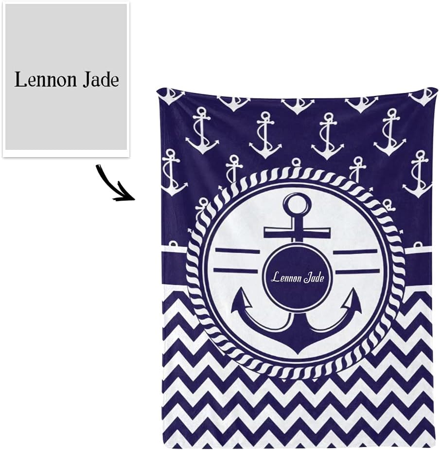 Personalized Baby Blanket, Marine Anchor Nautical Chevron Custom Nursery Swadding Blankets 30x40 Inches for Baby Boy Girl with Name Baby Shower Birthday Gift