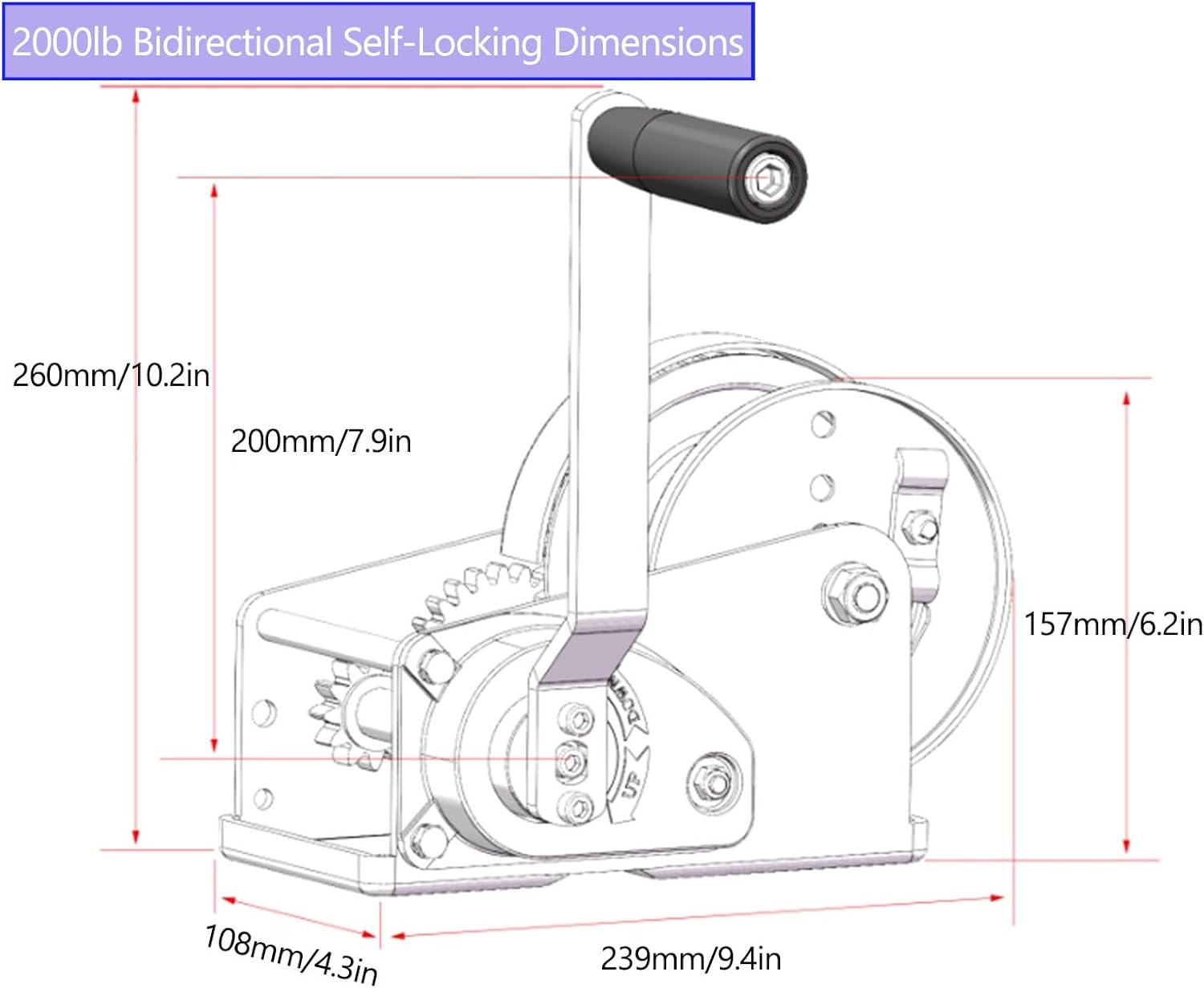 Two-Way Self-Locking Manual Winch, 304 Stainless Steel Compact Hoist, 800LB/350KG-2600LB/1100KG, Rust-Resistant, Heavy-Duty Trailer, Towing，Yacht, Dinghy(2000lb,Winch+15m/49ft)